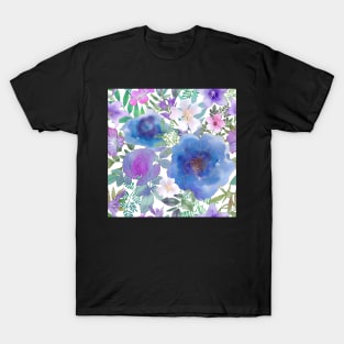 Blue roses and bellflowers.Vibrant watercolor wild flowers print T-Shirt